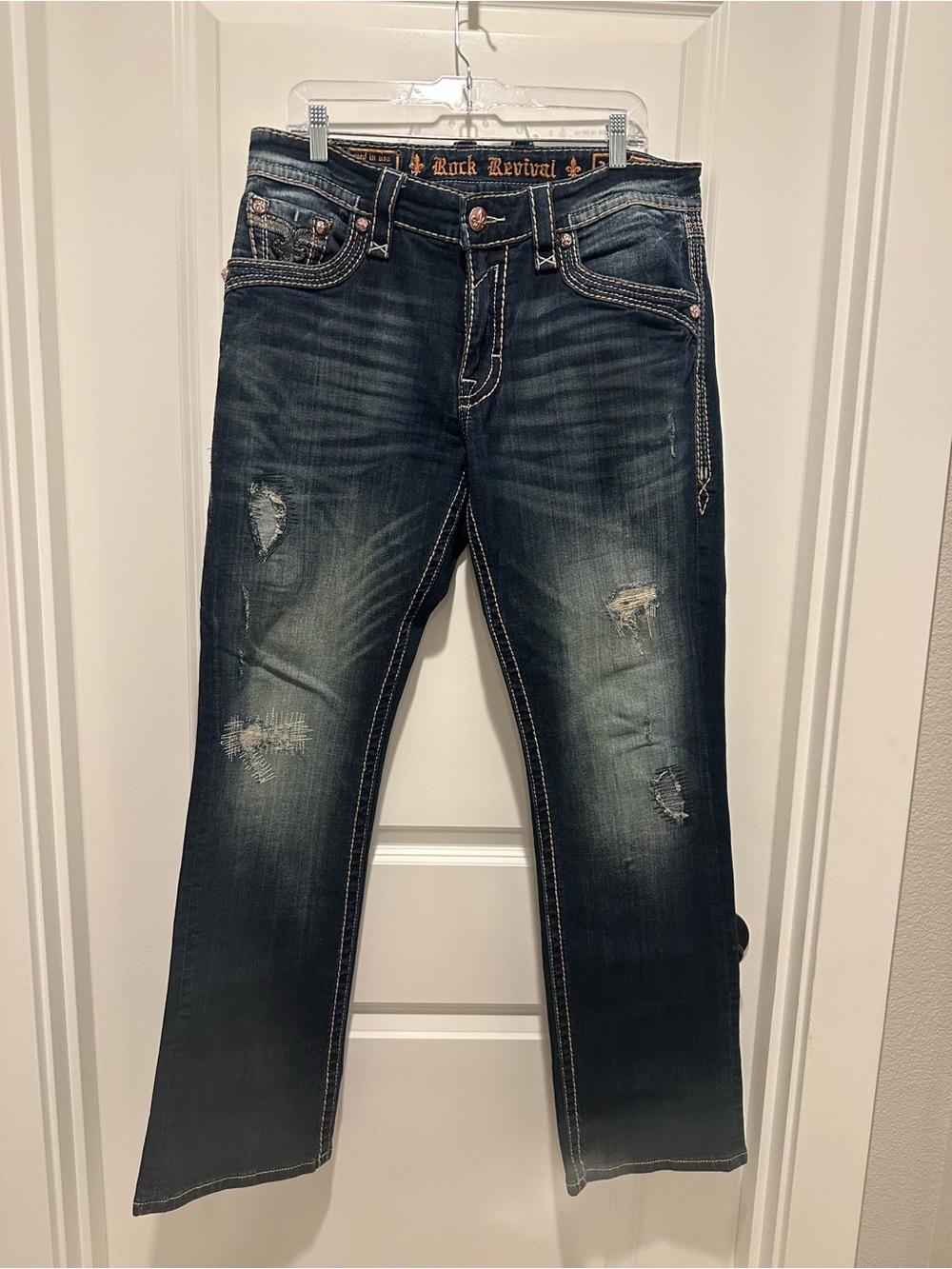 Rock Revival Men's Dark Blue Distressed Straight Jeans